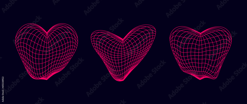 Poster distorted neon pink wireframe heart shapes set. wrap grid design elements. love and romantic or card