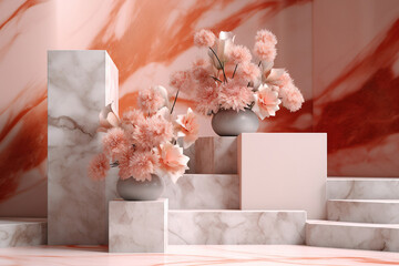 Podium decorated with flowers. Minimalistic scene for product presentation