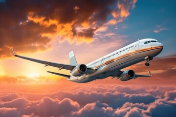 Obraz premium The plane flew over a skylight at sunset. Passengers Jet among dramatic clouds travel.