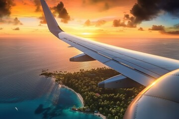 Airplane wing flying plane jet over tropical islands in ocean, view from window at sunset in summer - obrazy, fototapety, plakaty