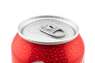 Red aluminium cans with fresh water drops isolated on white background. Water droplets on soda can
