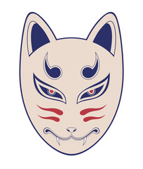 Kitsune fox mask vector illustration, isolated on white background. Japanese traditional mask. Traditional japanese demon. Tattoo print. Color illustration.