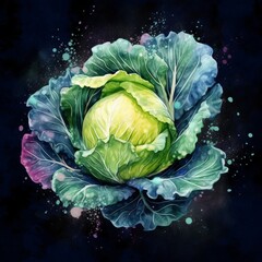 Obraz premium Fresh Organic Cabbage Vegetable On Dark Background, Square Watercolor Illustration. Healthy Vegetarian Diet. Ai Generated Bright Watercolor Illustration with Delicious Juicy Cabbage Vegetable.