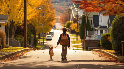 Elementary school boy walking his dog to school