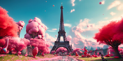 pink clouds floating in the sky over the eiffel tower