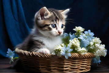 Fototapeta na wymiar a kitten is sitting in the basket with flowers surrounding it
