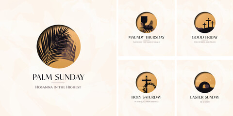 Modern Holy Week Poster Set. Religious Icon Poster collection. Palm Sunday, Maundy Thursday, Good Friday, Holy Saturday, Easter Sunday. Editable Vector Illustration. EPS 10.