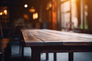 Empty dark wooden table in restaurant as mock-up template (Generative AI)