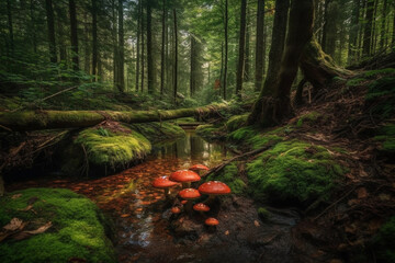 Amazing forest with a serene small river or babbling creek harmonizes with towering trees and mushrooms, creating a magical and captivating natural landscape. Ai generated