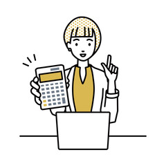 座ってデスクでノートPCを開いて電卓を持ってこちらに向けて見せているジャケットの女性