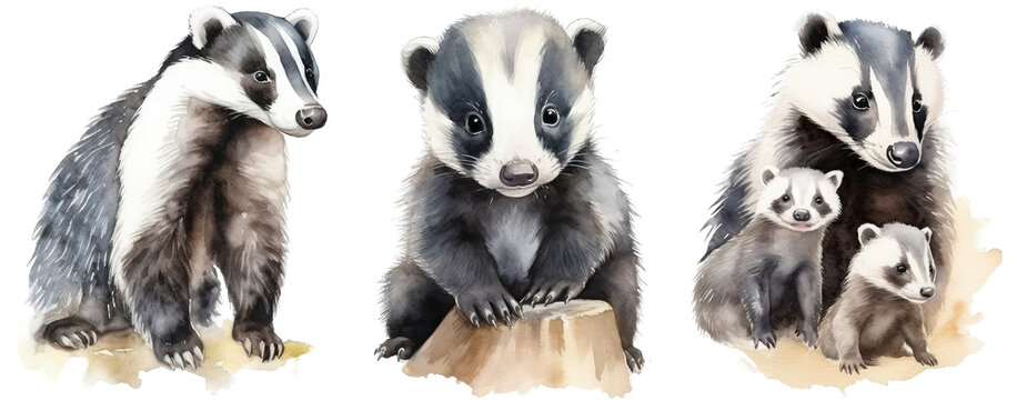 Watercolour illustration collection of badgers isolated on white background as transparent PNG, generative AI animal clipart bundle
