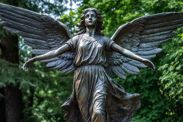 Elegant beauty of a woman angel statue with magnificent outstretched wings, embodying grace, serenity, and ethereal charm in this enchanting sculpture. Ai generated