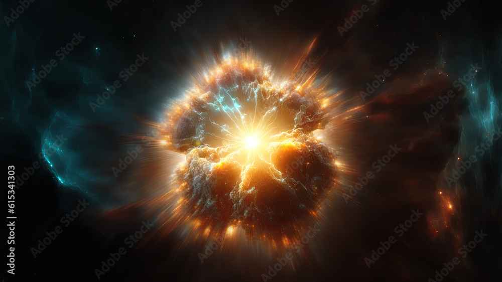 Poster view of the birth of a star in space during a nebula explosion. nuclear fusion of cosmic clouds of g