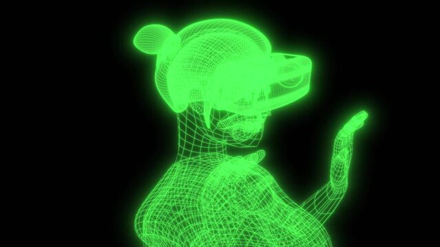 The girl uses a virtual helmet to immerse herself in the Internet able to loop seamless 4k