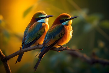 Obraz premium Merops apiasters in the evening sun. This image captures the elegance and grace of these European Bee-eaters as they glide through the golden-tinged sky. Generative AI