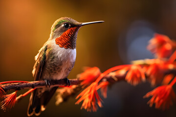 Fototapeta na wymiar hummingbird's features in this detailed macro image. With its tiny size and vibrant plumage, it captures the essence of nature's delicate wonders on a peaceful morning. Generative AI