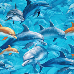 Obraz premium Dolphins on sea photorealistic full color pattern