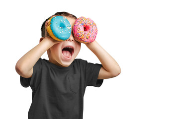 Happy cute boy is having fun played with donuts on png background. Bright photo of a child.