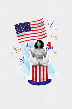 Vertical collage image of black white effect mini girl sit big uncle sam hat national american flag 4th july celebration