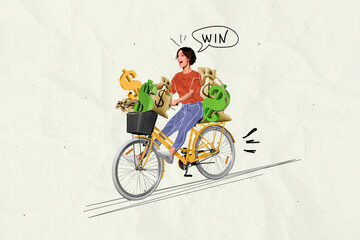 Photo placard winner collage successful sportswoman riding bicycle victory receive prize much money bags award isolated on grey background