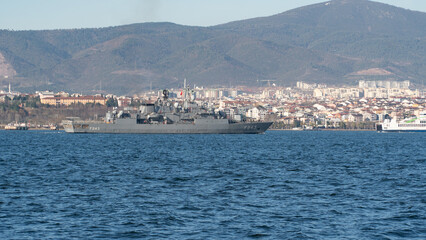 Turkish battleship. TCG Fatih (F-242) frigate patrol in Gulf of Izmit. Turkish naval force....