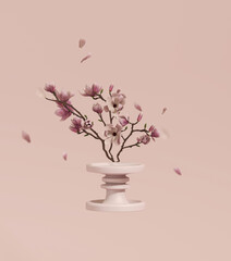 3D background, pink podium display. Sakura pink flower tree branch. Cosmetic or beauty product promotion step floral pedestal. Abstract minimal advertise. 3D render copy space spring mockup.
