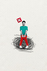 Picture image sketch minimal collage of positive guy sitting psychologist session many thoughts...