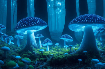 Glowing Mushrooms in a Blue Forest Enchanting Natural Beauty