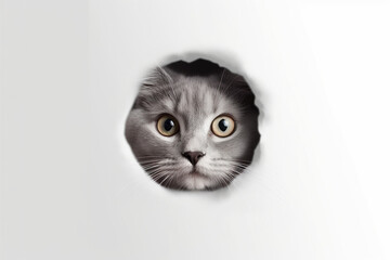 gray cat peeking in hole white background
