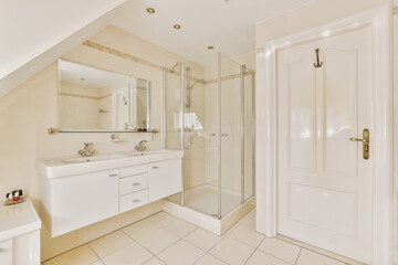 a bathroom with white tile flooring and an open door leading to the shower area in the room is very...