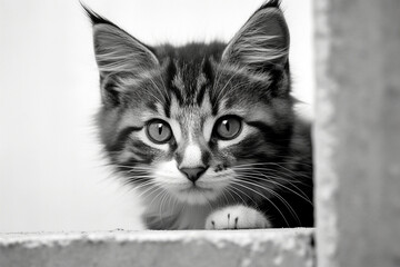 adorable black and white kitty with monochrome wall behind her