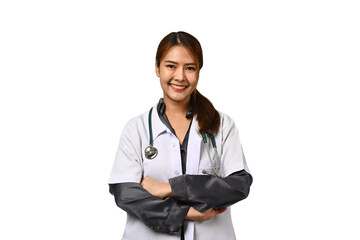 Portrait of smiling female doctor dressed in white coat with stethoscope isolated on white background. Healthcare concept