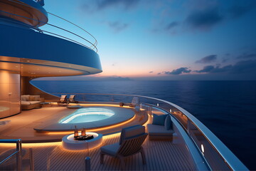 A beautiful shot of a pool on the yacht under a dark blue sky at night time
