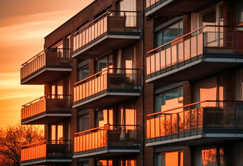 balconies on the windows of a building at sunset - obrazy, fototapety, plakaty