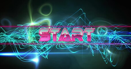 Animation of start text banner over blue glowing digital wave and light trails on black background - Powered by Adobe