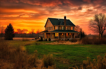 Fototapeta premium a home with large yard at sunse