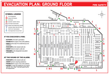 Evacuation plan for grocery store or supermarket. Fire emergency plan or egress plan. Detailed text instruction of procedures and emergency equipment locations for residents and fire department.