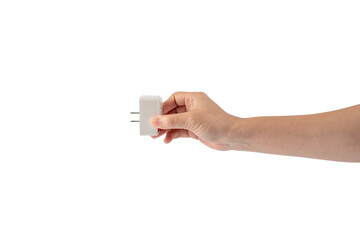 Hand and electric plug on transparent background.