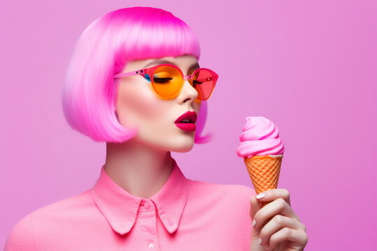 Beautiful woman with vivid makeup holding an ice cream. Fashion model. Pink color palette