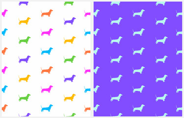 Simple Colorful Vector Seamless Patterns with Dachshund. Silhouette of Dachshund isolated on a White and Violet Background. Side View of Dog. RGB Colors. Cool Print for Dog Lovers ideal for Fabric.