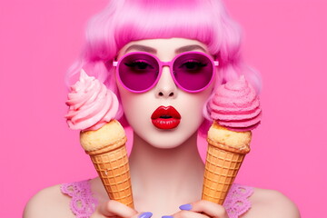 Beautiful woman with vivid makeup holding an ice cream. Fashion model. Pink color palette © Canvas Alchemy