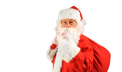 Santa Claus holding carrying sack with gifts for kids on a transparent background