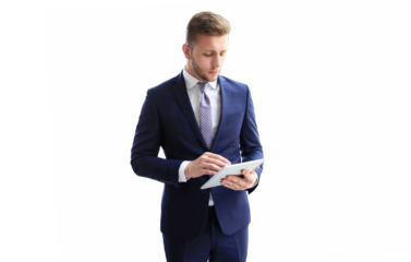 Businessman using his tablet on a transparent background