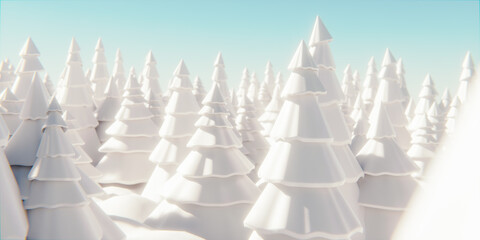 white fir trees covered snow and blue sky background, White Panorama of forest landscape in winter. Bright winter nature scene. 3D illustration