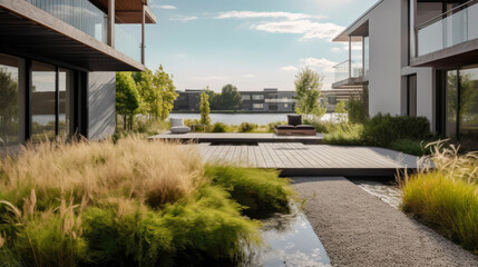 Minimalistic and contemporary, sleek and serene private garden that embodies the principles of Scandinavian design: functionality, simplicity, and connection to nature. Generative AI