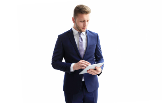 Businessman using his tablet on a transparent background - Powered by Adobe