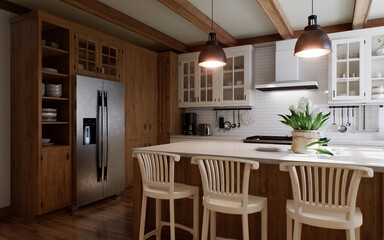 The interior of a large U-shaped kitchen with a wooden front and a large island