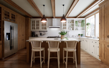 The interior of a large U-shaped kitchen with a wooden front and a large island
