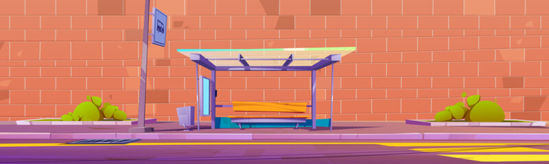 Modern bus stop against brick wall background. Vector cartoon illustration of public transport station with glass shelter, wooden bench, waste bin, blank advertising light box. Clean city street