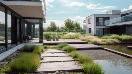 Fototapeta na wymiar Minimalistic and contemporary, sleek and serene private garden that embodies the principles of Scandinavian design: functionality, simplicity, and connection to nature. Generative AI